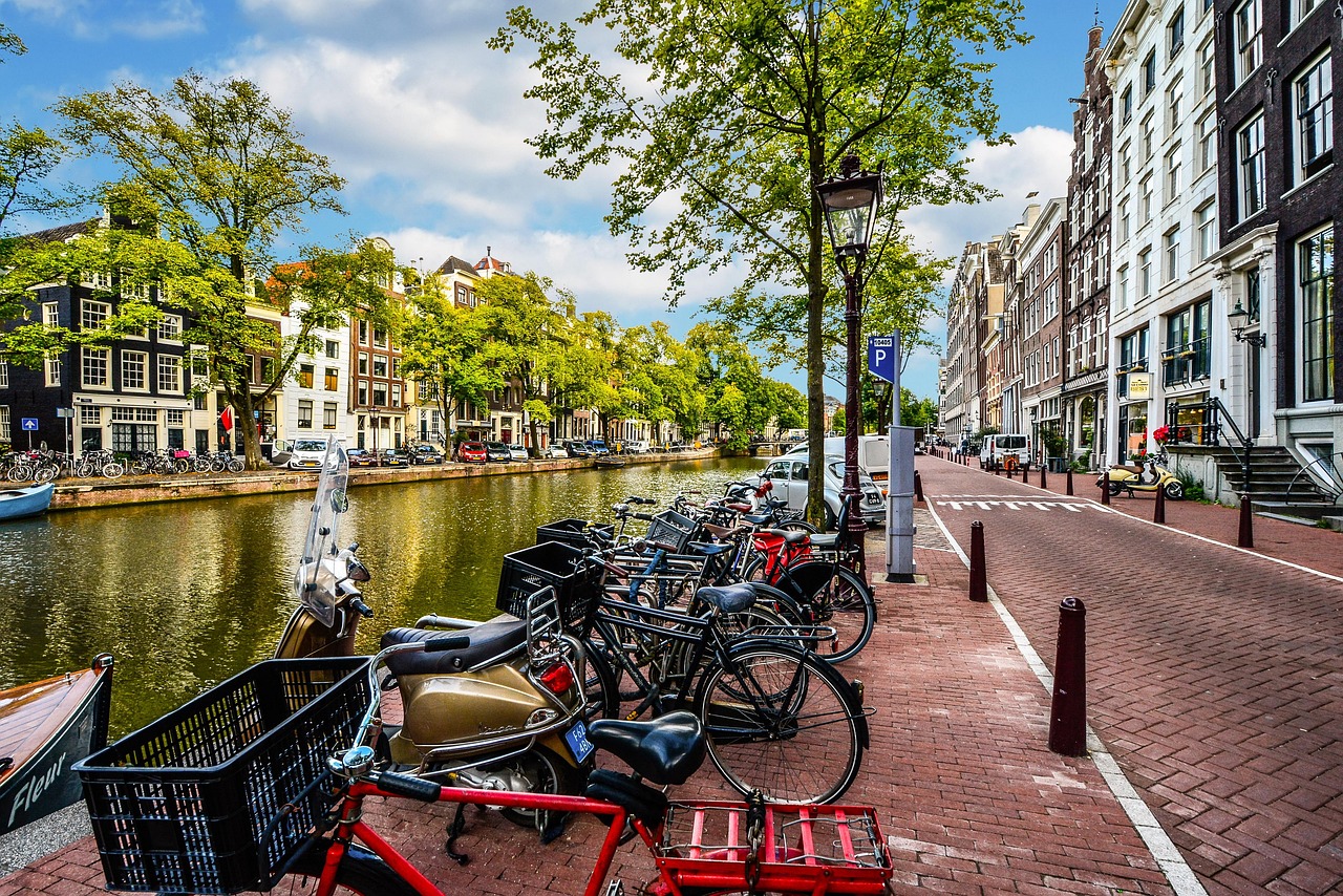 Bicycles parked along an Amsterdam canal
