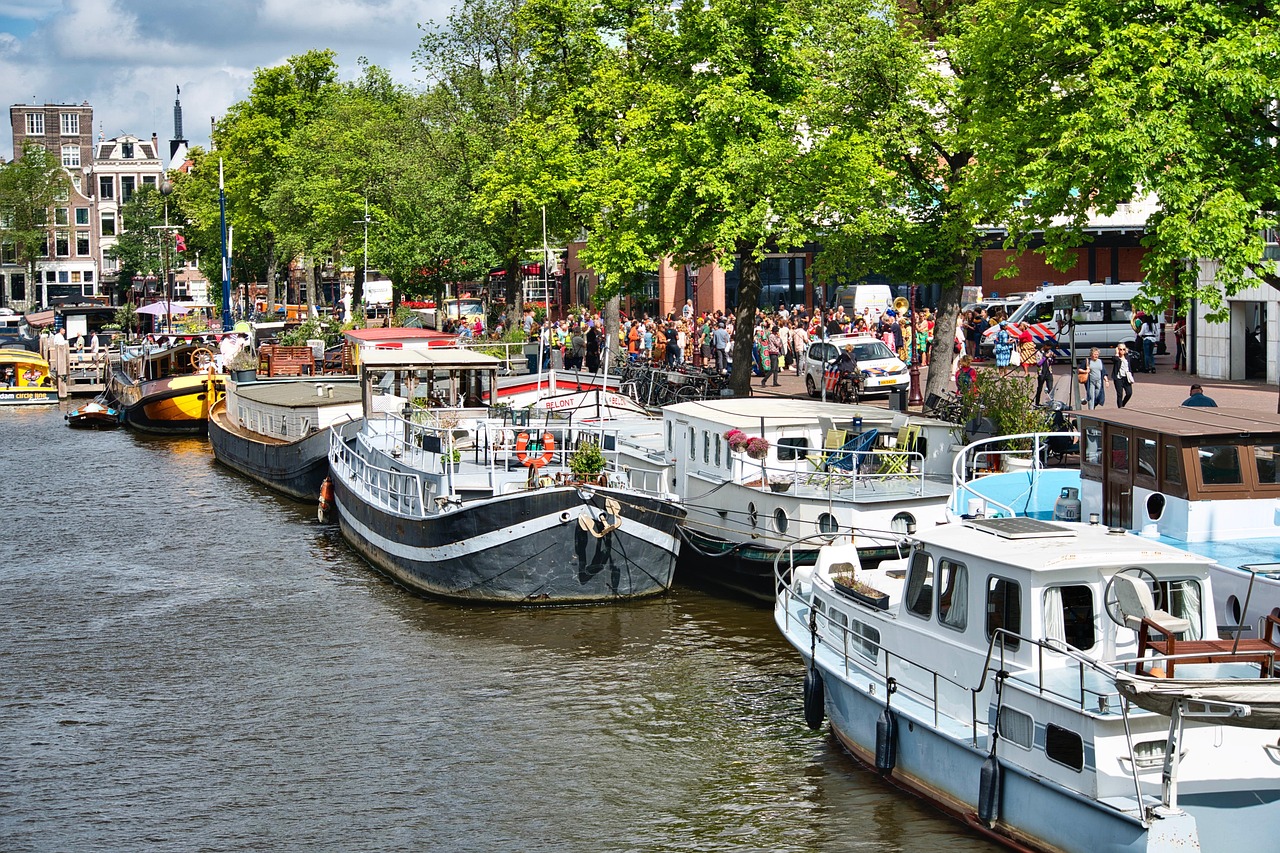 Busy Amsterdam canal-side market