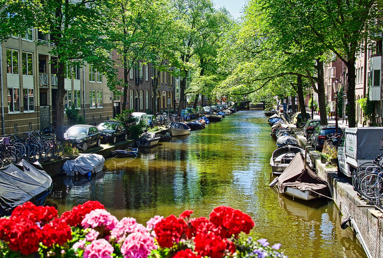 Amsterdam canal framed by flowers