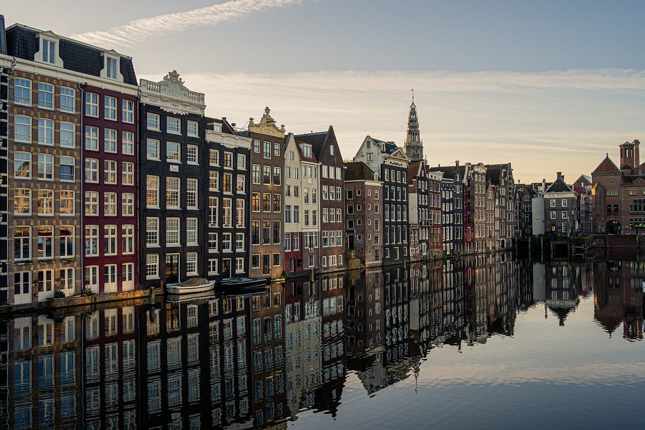 Amsterdam canal houses at golden hour