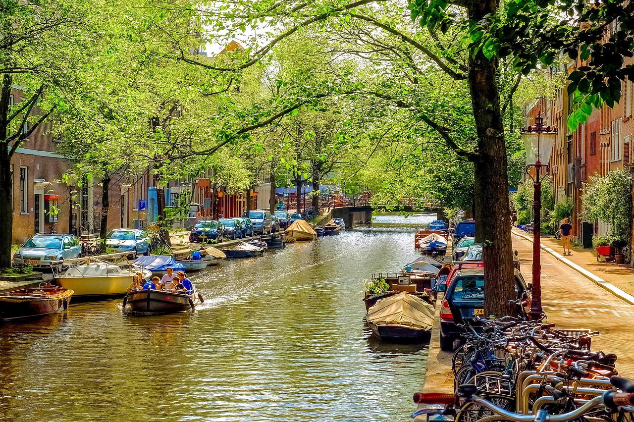 Tree-lined Amsterdam canal with canal houses