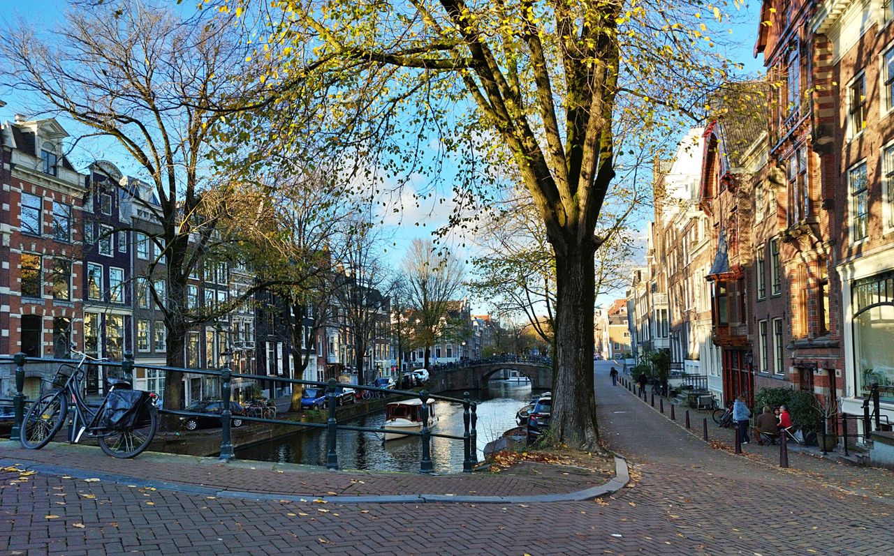 Amsterdam canal with bicycles in autumn